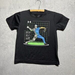 UNDER ARMOUR Shirt Boy’s Size 5 Black Baseball Graphic Pitcher Throwing HeatGear
